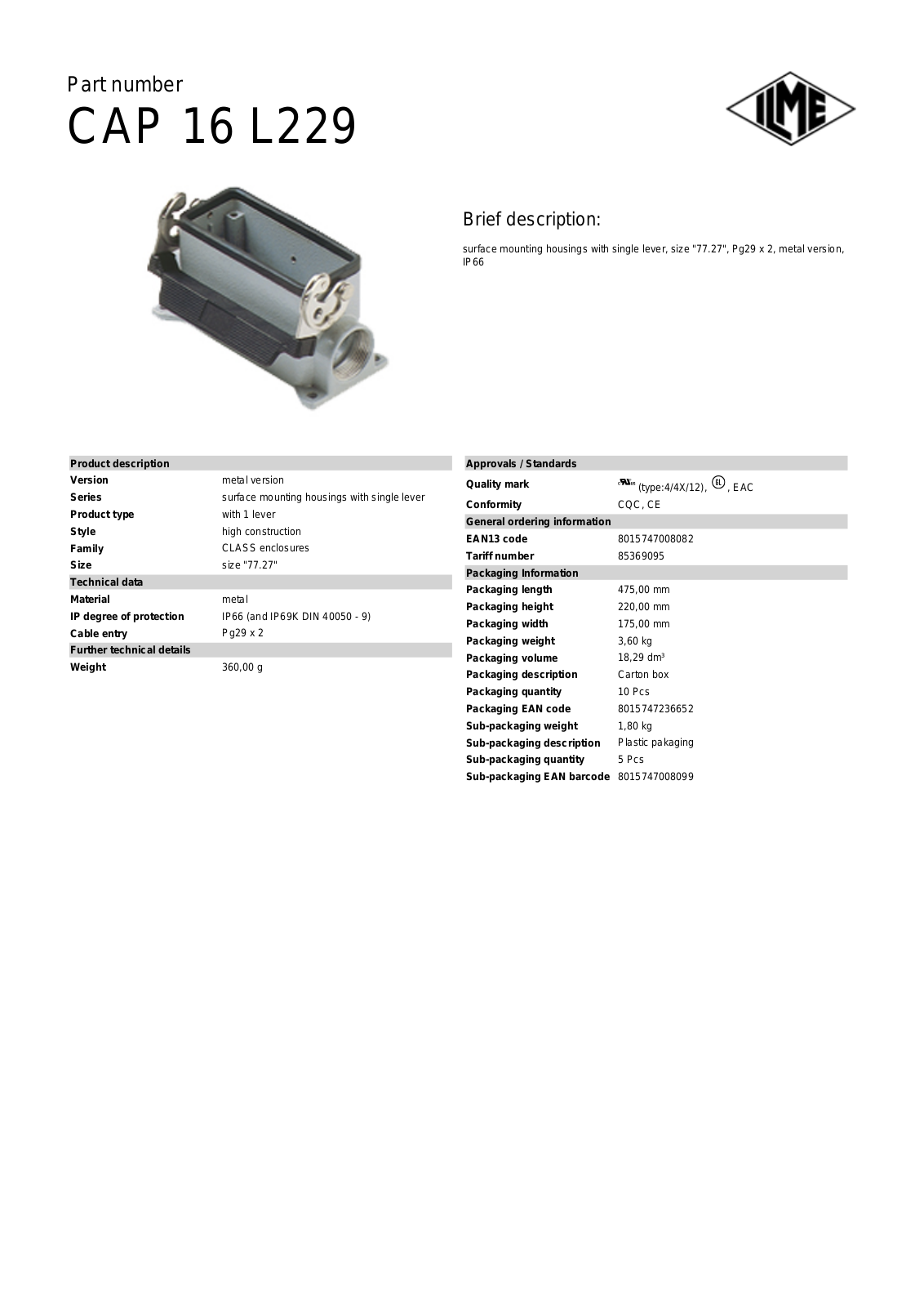 Datasheet CAP-16L229 Datasheet (ILME) - ManualMachine.com