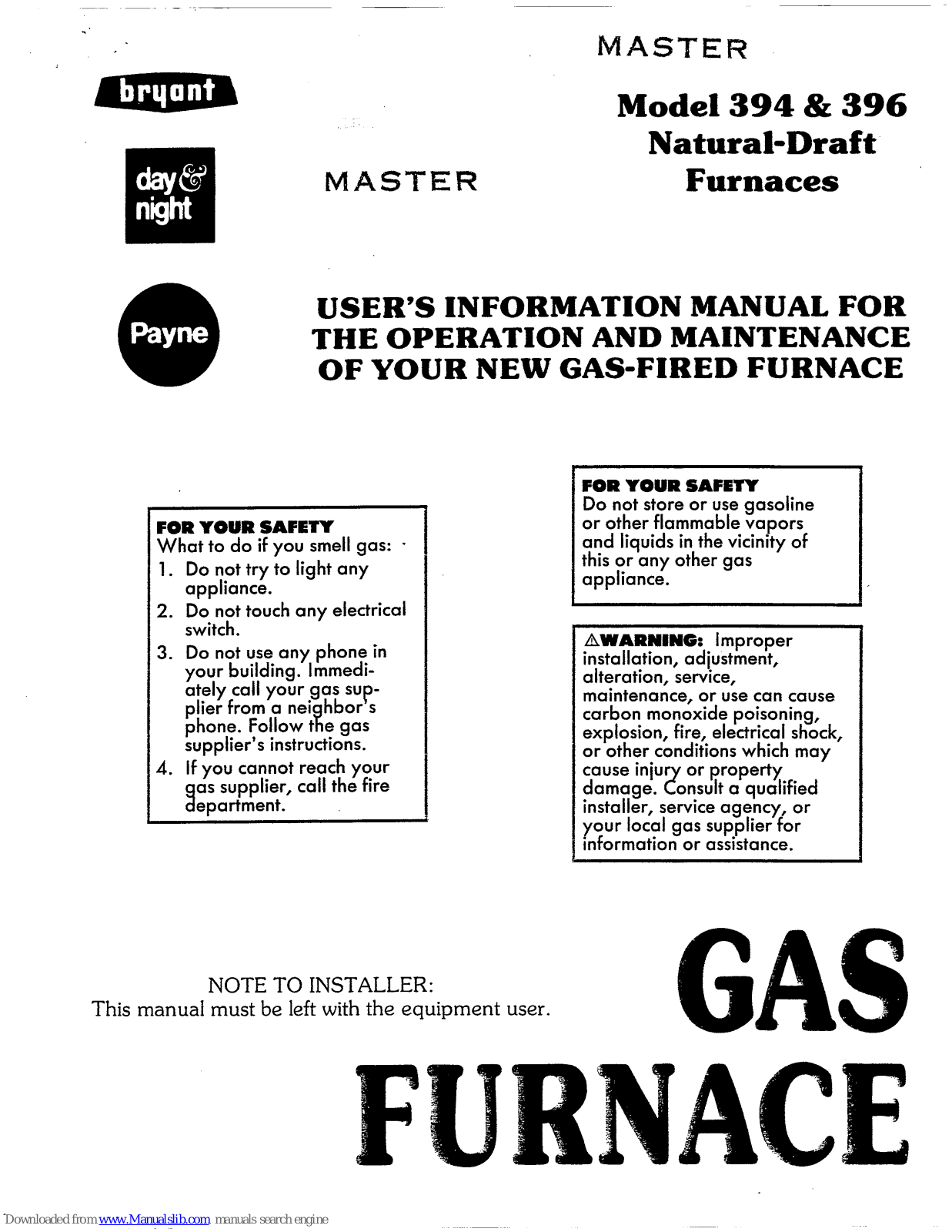 Bryant 394, 396 User's Information Manual