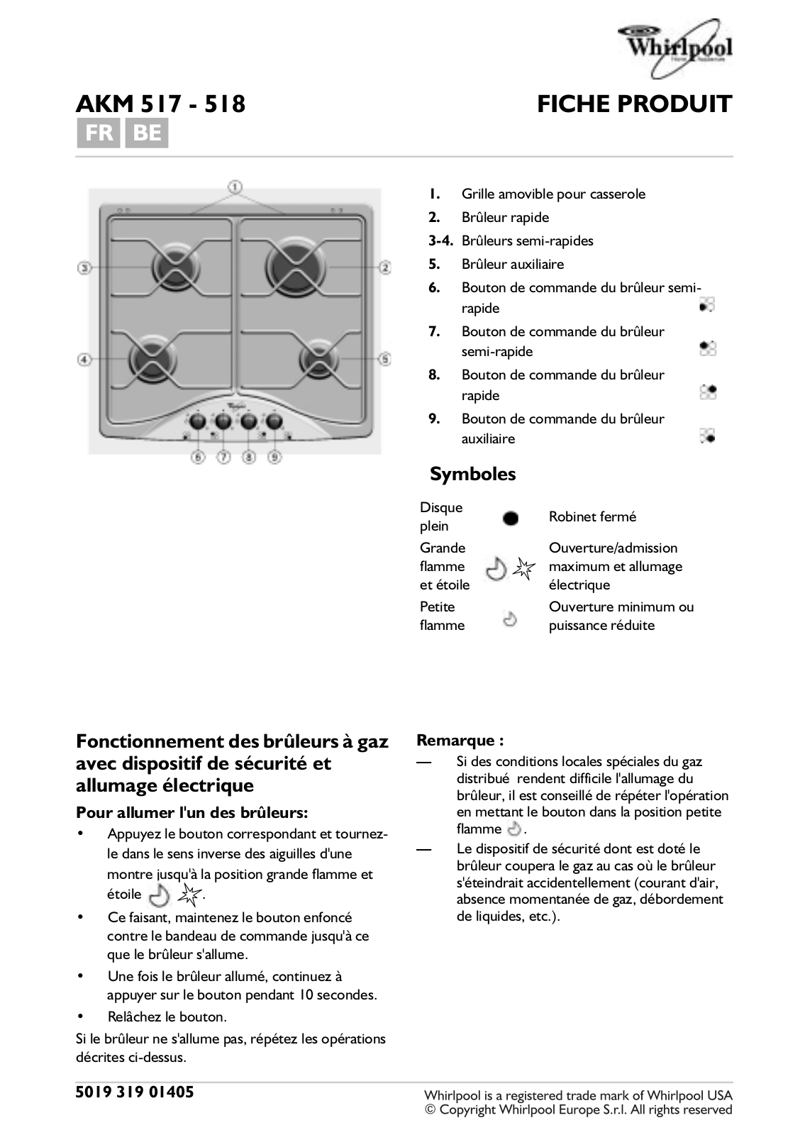 Whirlpool akm 517, akm 518 PRODUCT SHEET