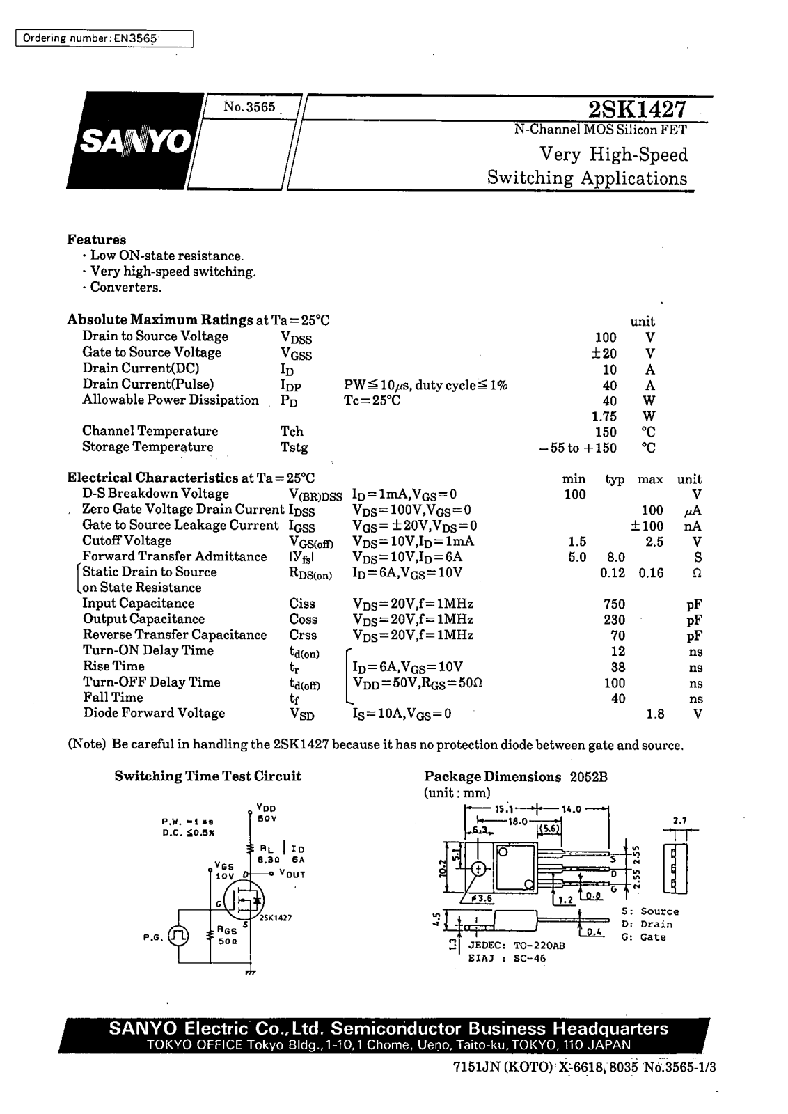 SANYO 2SK1427 Datasheet