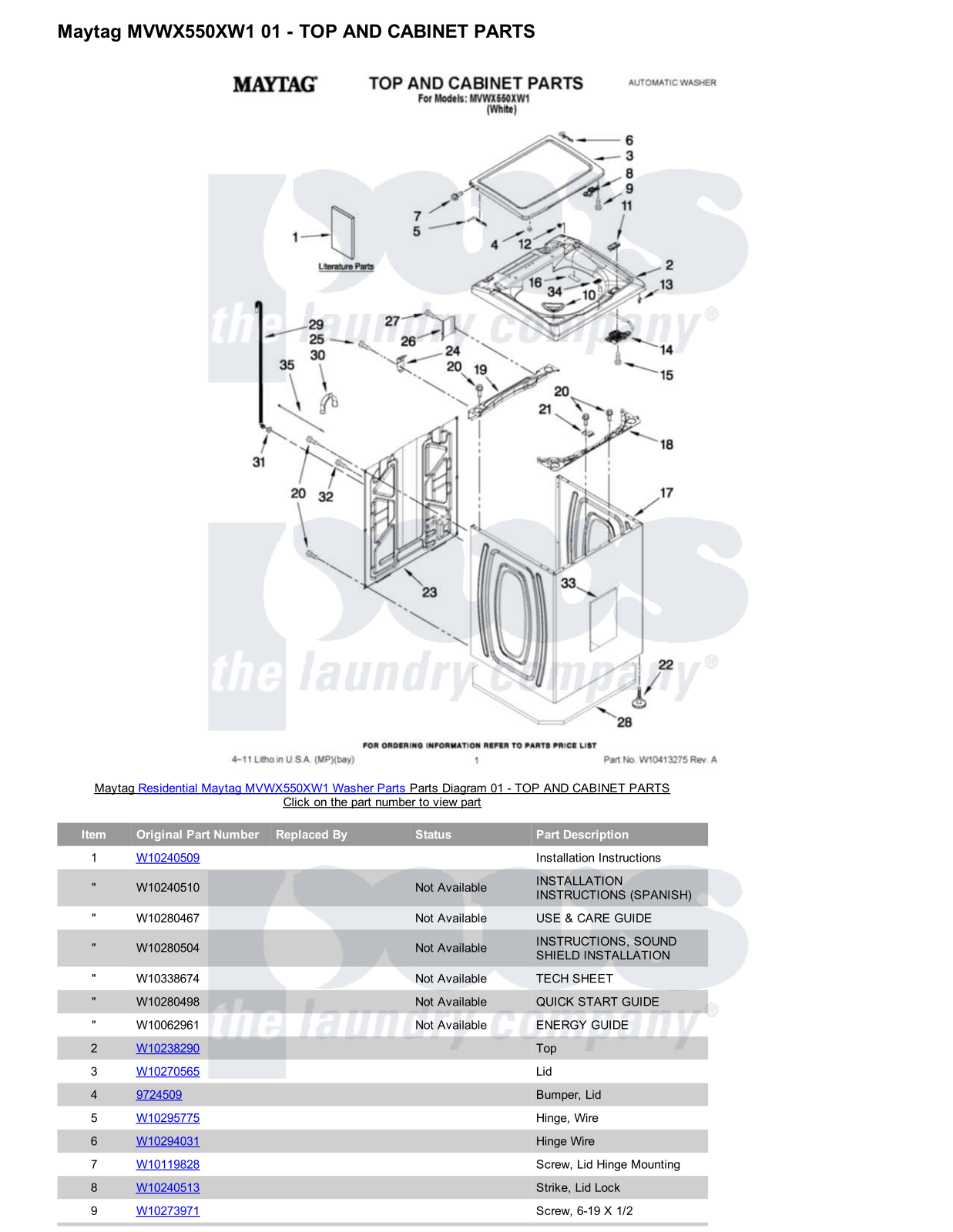 Maytag MVWX550XW1 Parts Diagram