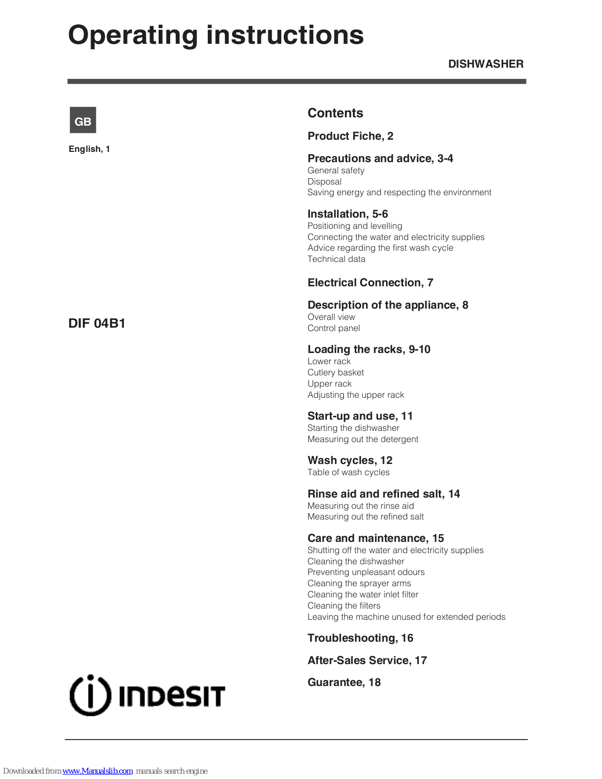 Indesit DFG 15B1, DIF 14T1, DIF 16M1, DIF 14B1 Operating Instructions Manual