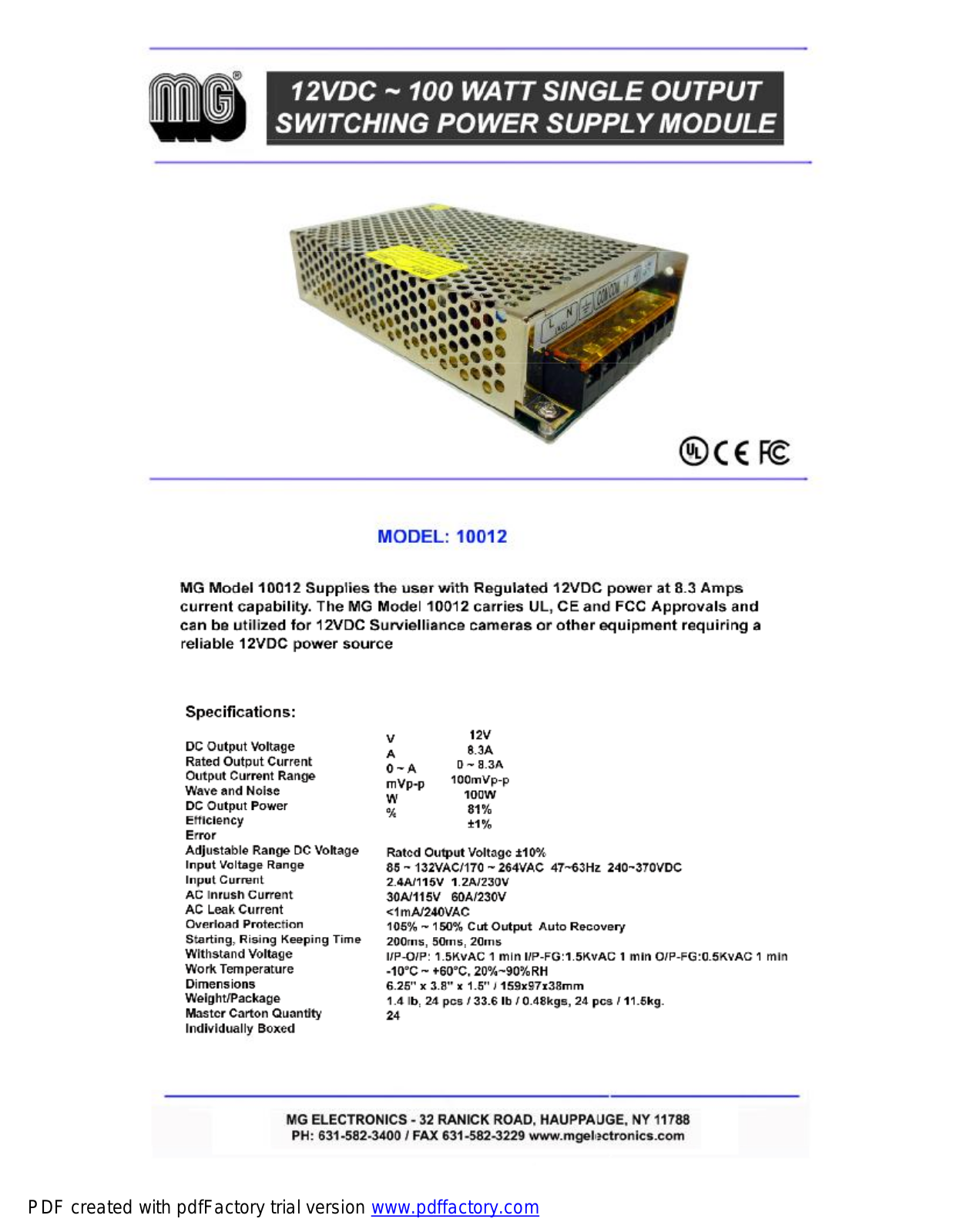 MG Electronics MG-10012 Specsheet