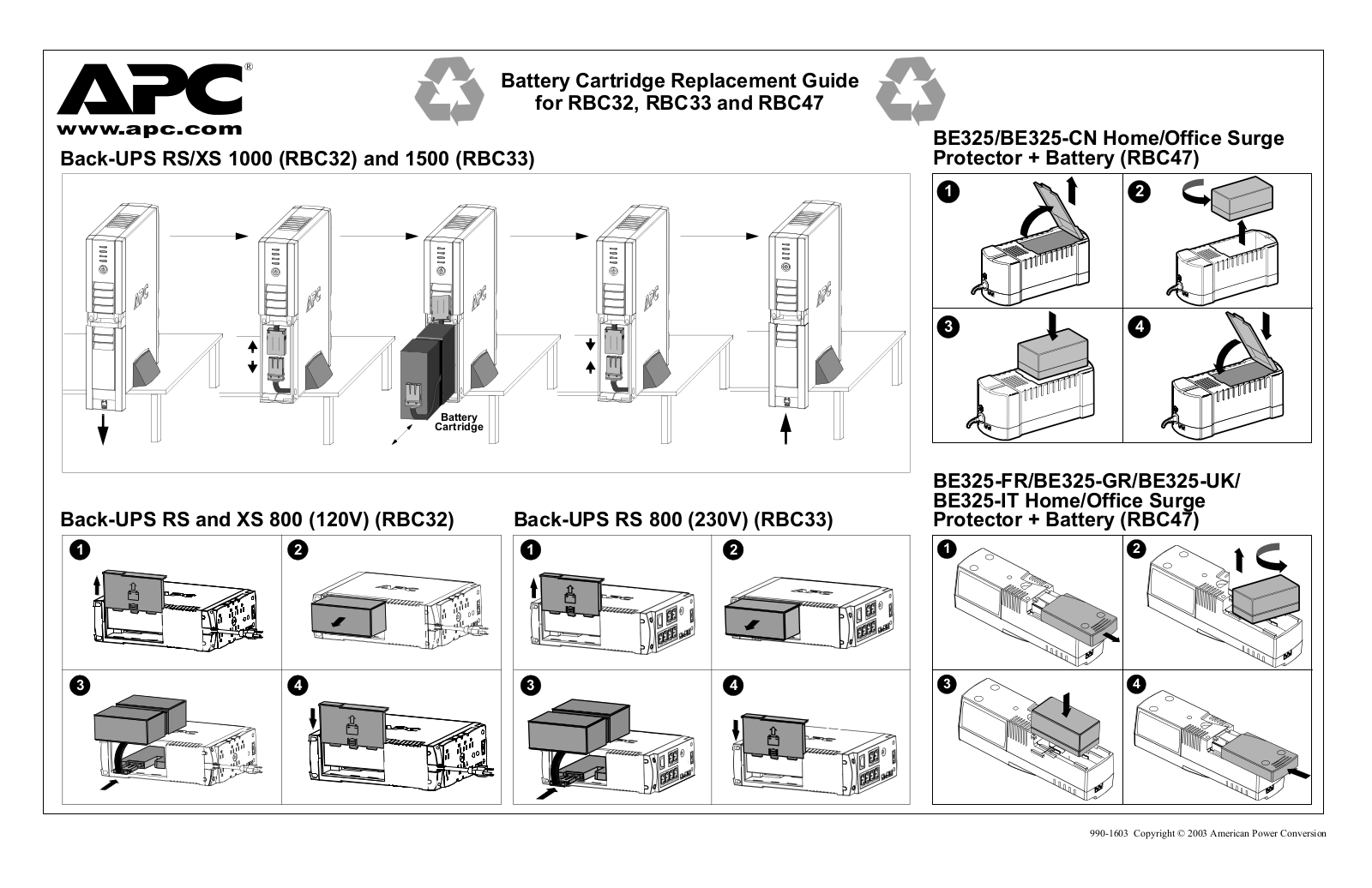 APC Back UPS RS 800, Back UPS RBC32, Back UPS XS 1000, Back UPS 1500, Back UPS RBC47 User Manual