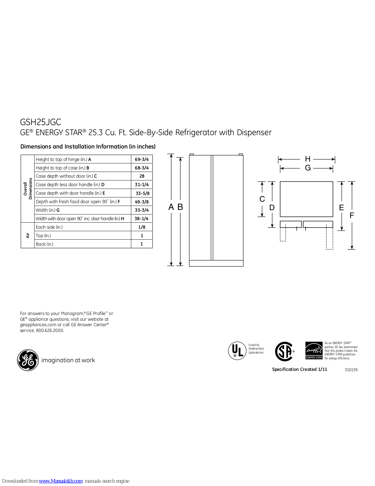 GE GSH25JGCWW, GSH25JGCCC, GSH25JGCBB Dimensions And Installation Information