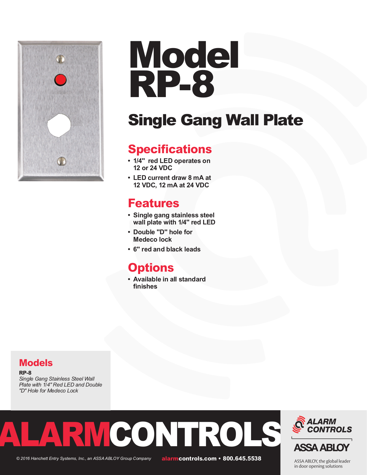 Alarm Controls RP-08 Specsheet