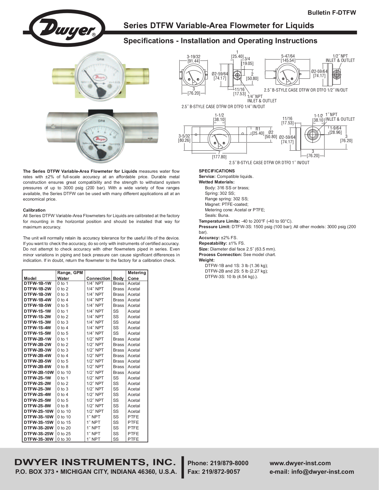 Dwyer DTFW, DTFW-1B-1W, DTFW-1B-2W, DTFW-1B-3W, DTFW-1B-4W Manual
