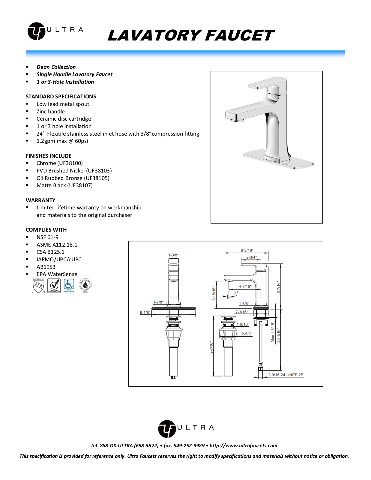 Ultra Faucets LTR10114 Specifications - ManualMachine.com