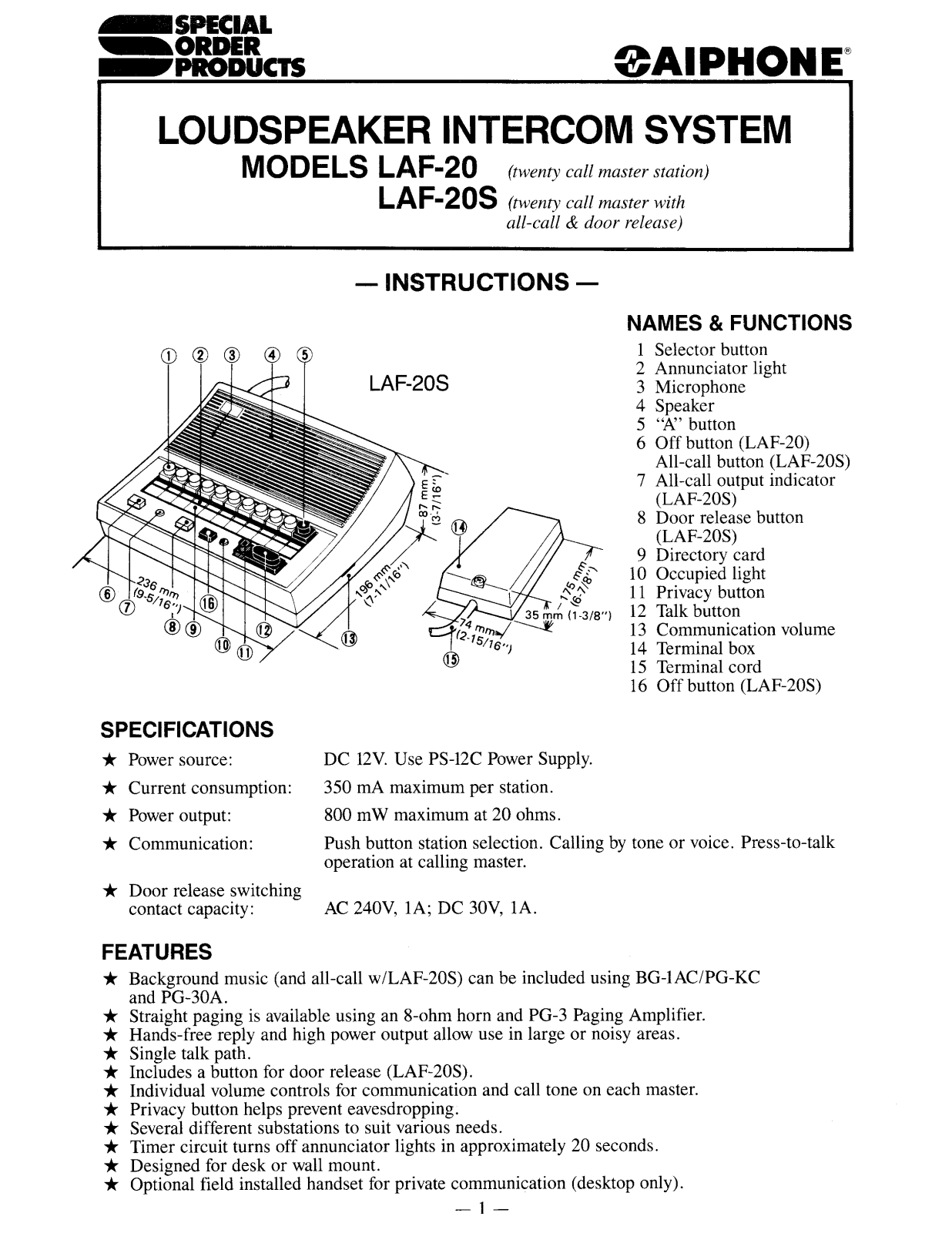 Aiphone LAF-20S User Manual