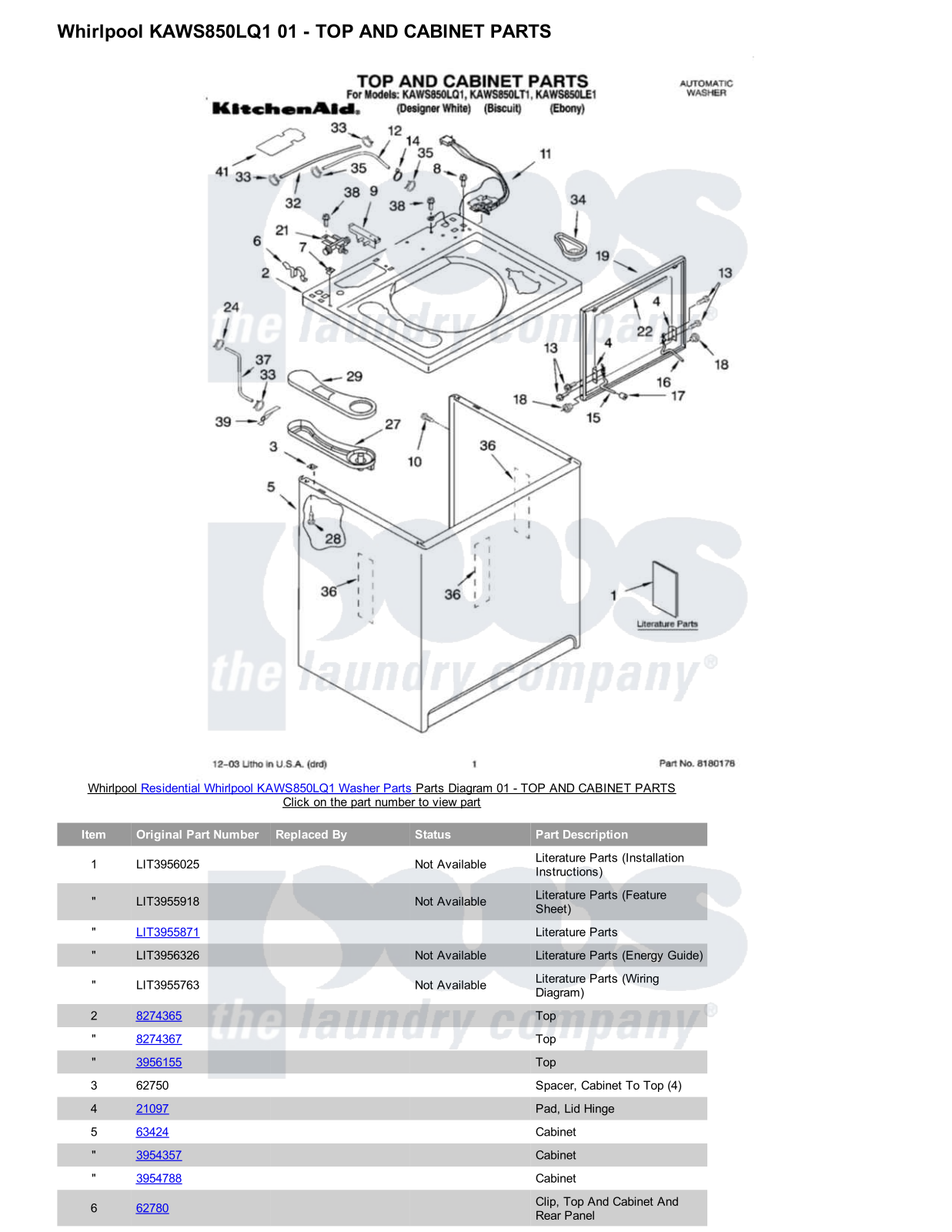 Whirlpool KAWS850LQ1 Parts Diagram