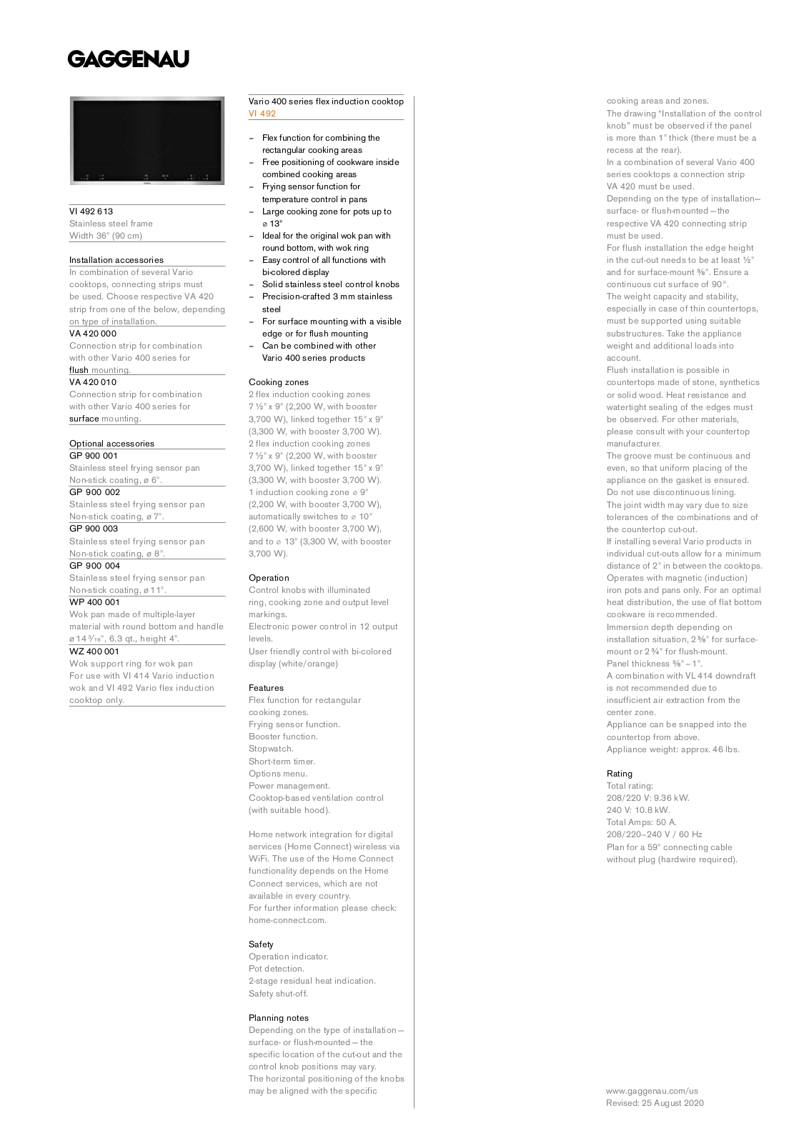 Gaggenau VI492613 PRODUCT SPECIFICATIONS