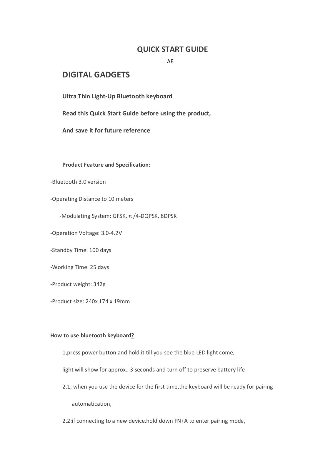 ESICO TECHNOLOGY A8 User Manual