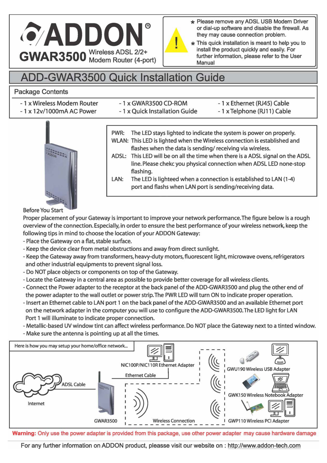 Addon GWAR3500 Quick Install Guide