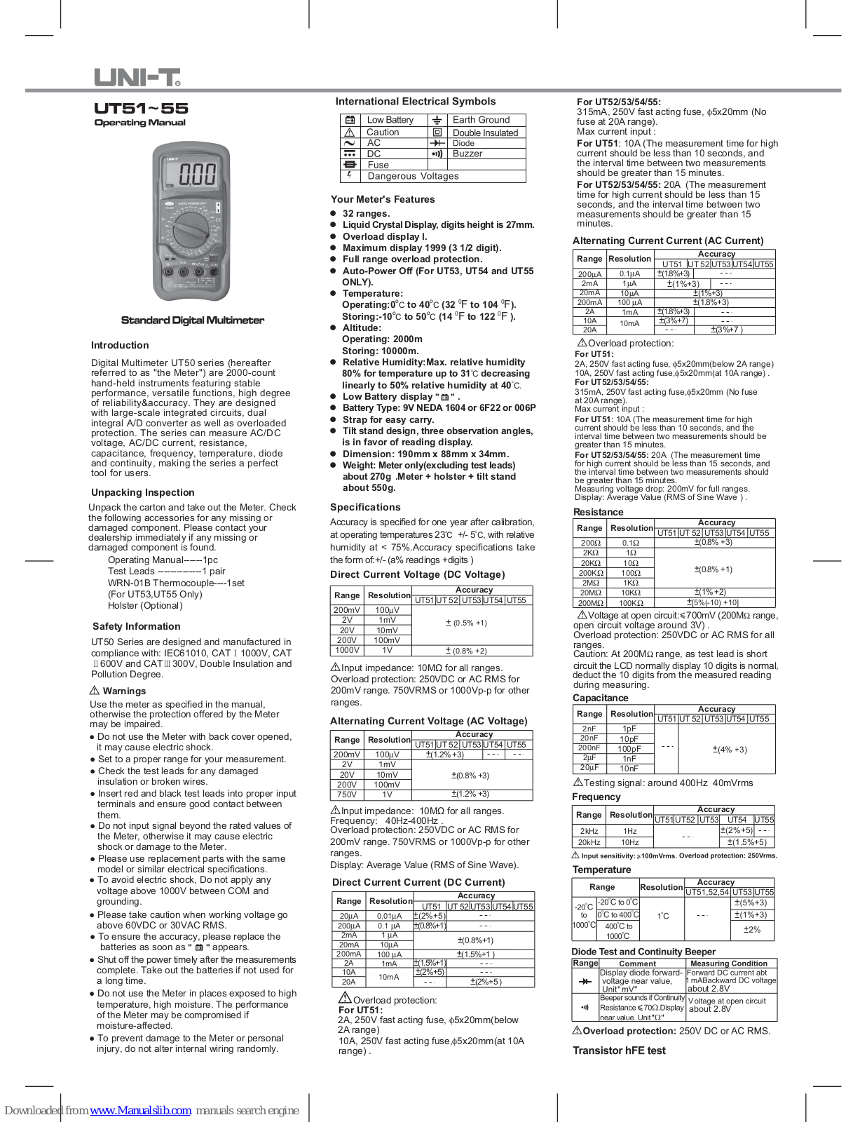 UNI-T UT51, UT52, UT54, UT53, UT55 Operating Manual