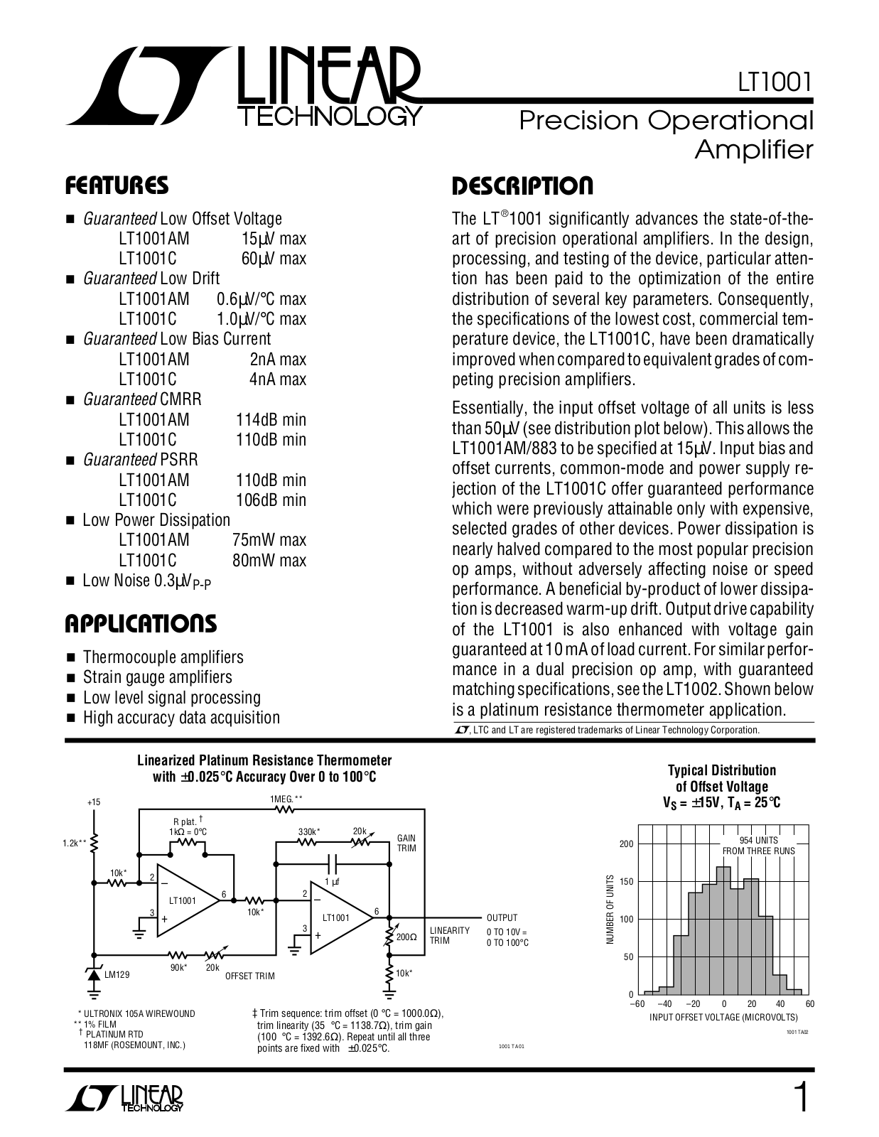 Linear Technology LT1001MJ8, LT1001MH, LT1001CS8, LT1001CN8, LT1001CJ8 Datasheet