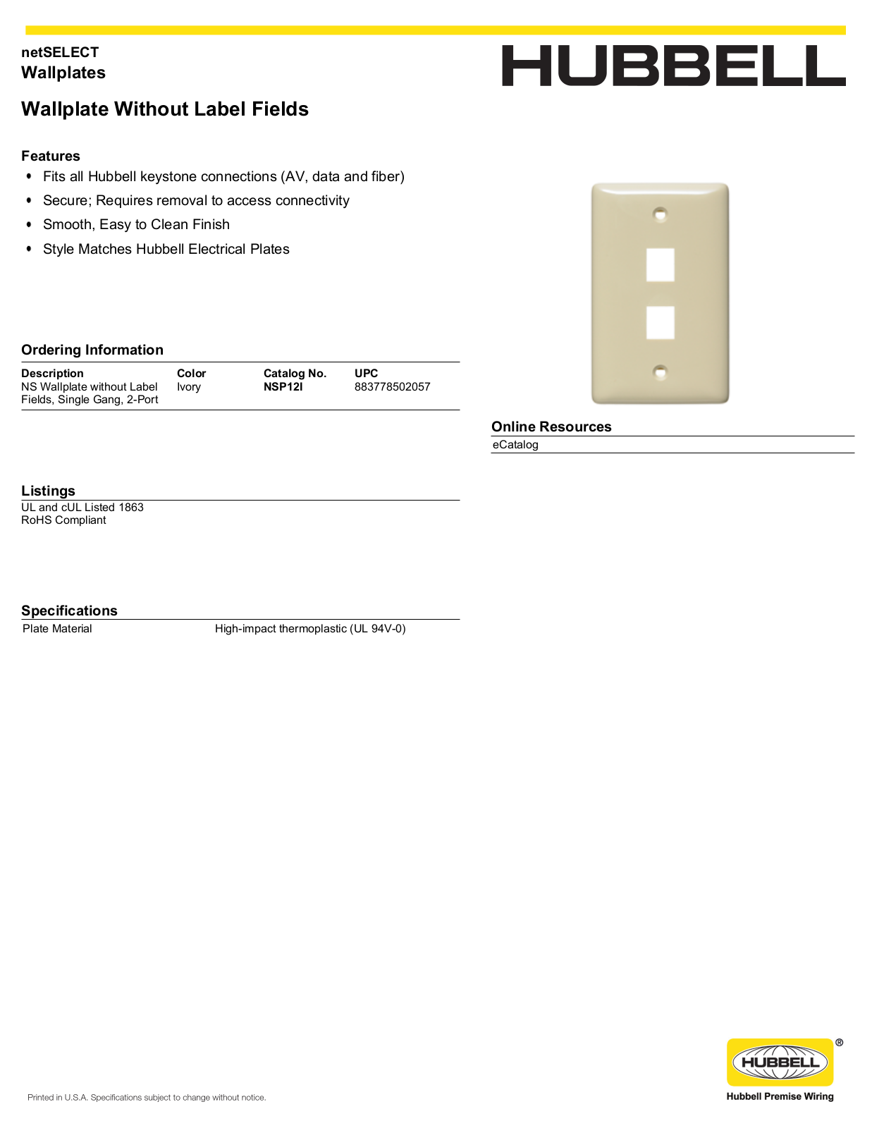 Hubbell NSP12I Specifications