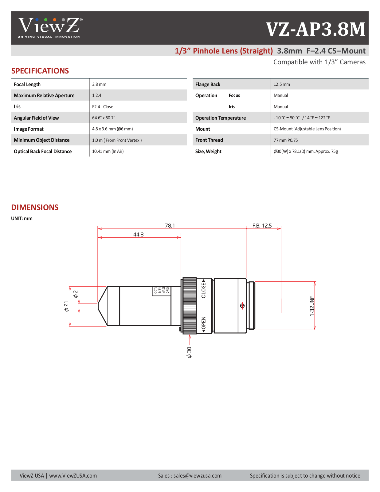 ViewZ VZ-AP3-8M Specsheet