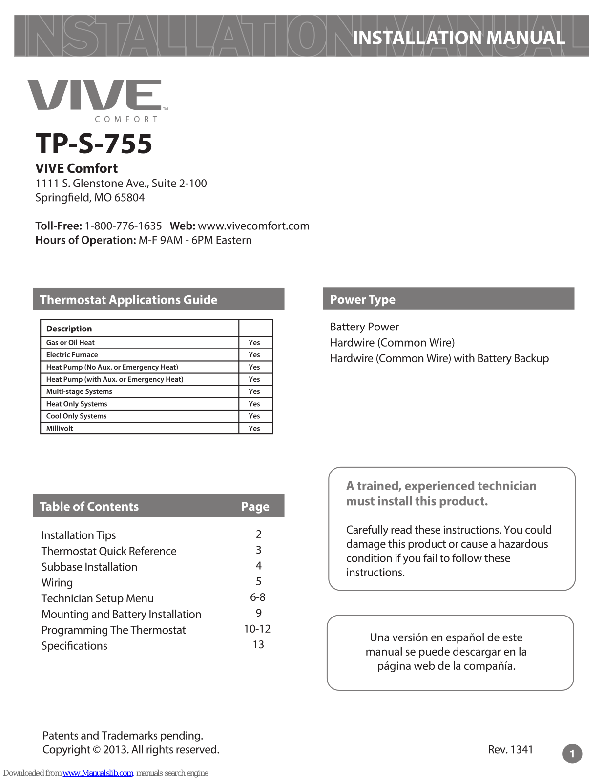 Vive Comfort TP-S-755 Installation Manual