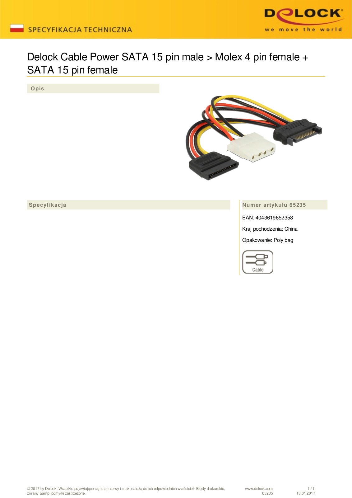 DeLOCK SATA-power adapter 15-Pin  SATA  on 4-Pin  IDE  and 15-Pin  SATA , Y cable User Manual