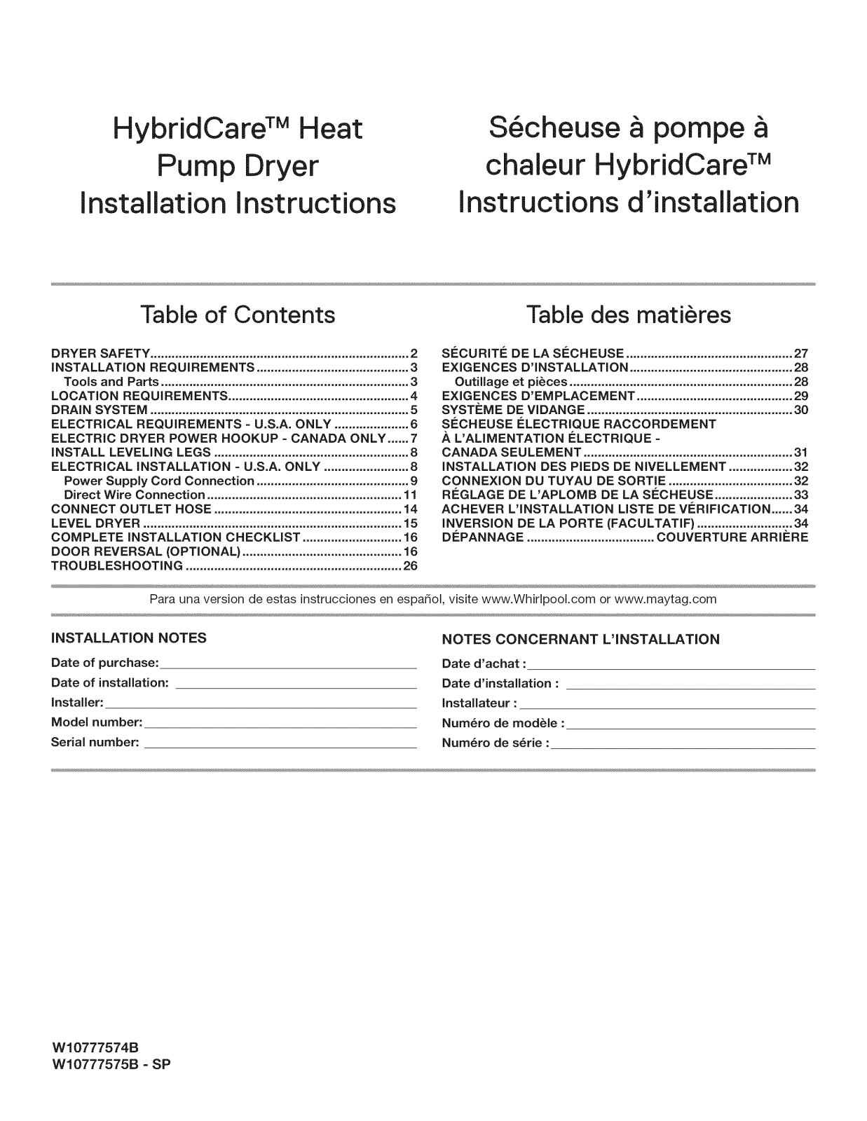 Whirlpool WED9290FC0, WED9290FW0, WED7990FW0, YWED7990FW0 Installation Guide