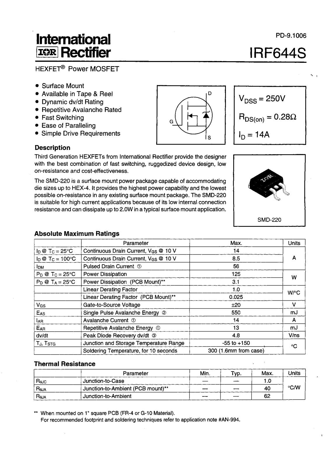 International Rectifier IRF644STRR, IRF644STRL, IRF644S Datasheet