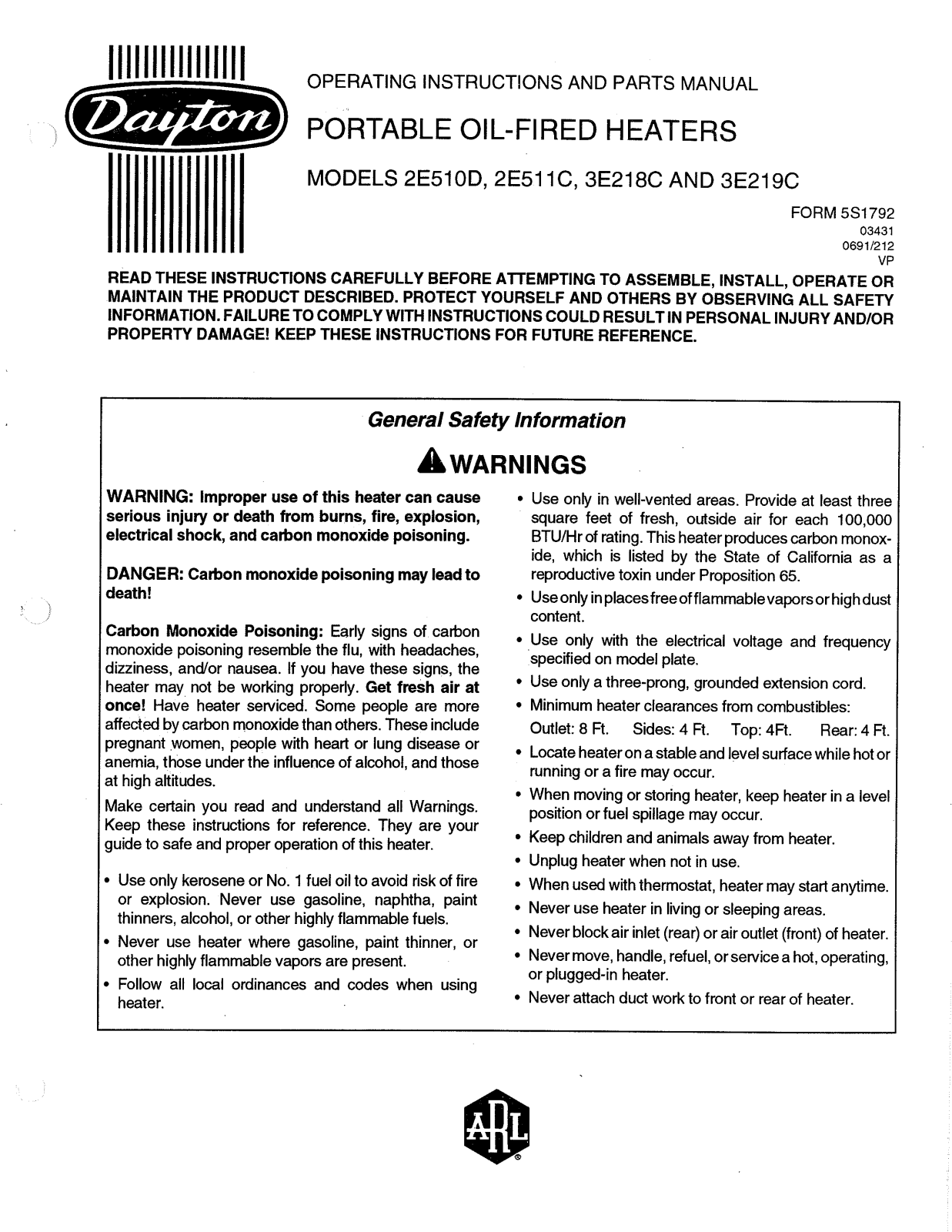 Dayton 2E511C, 2E510D User Manual