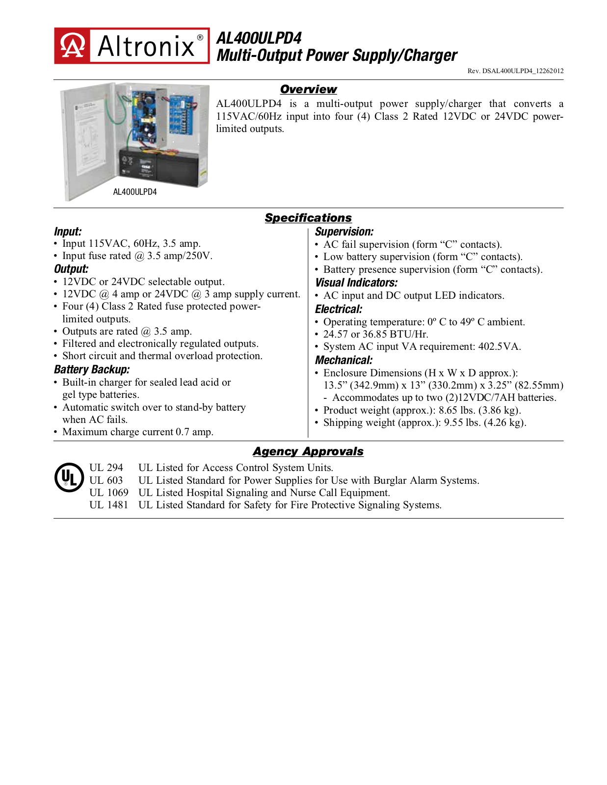 Altronix AL400ULPD4 Specsheet