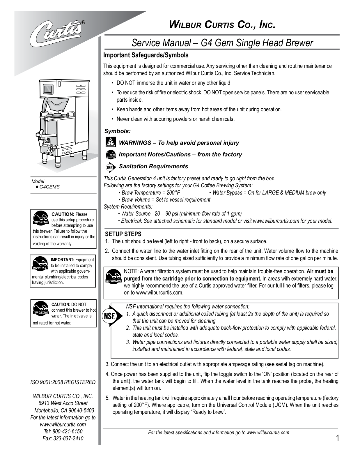 Wilbur Curtis G4GEMS Service Manual