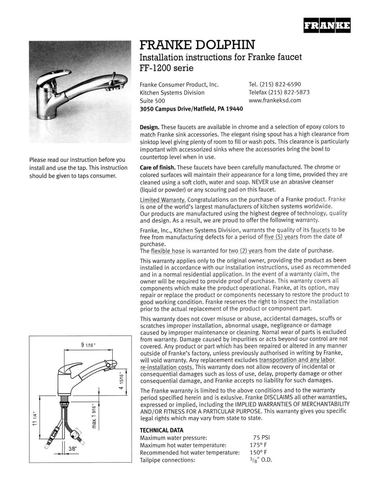 Franke Foodservice FF-1200 Installation  Manual