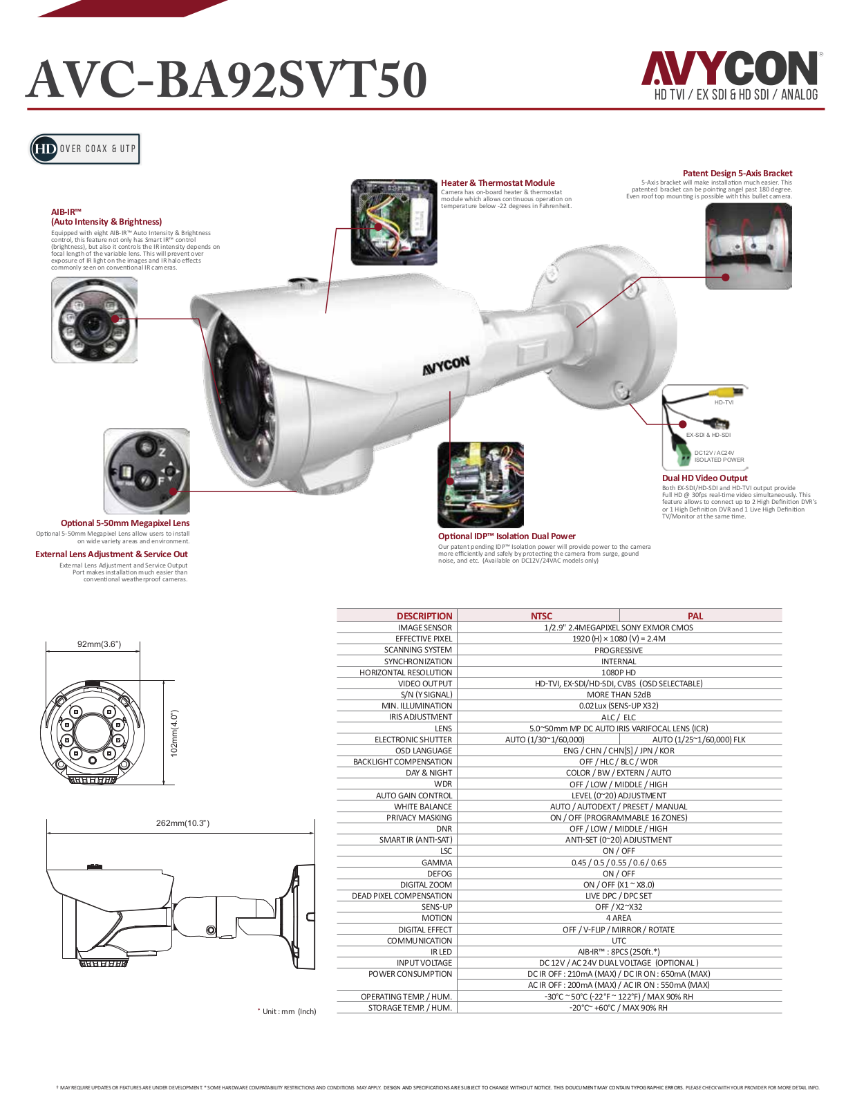 Avycon AVC-BA92SVT50, AVC-BA92SVT50-W Specsheet