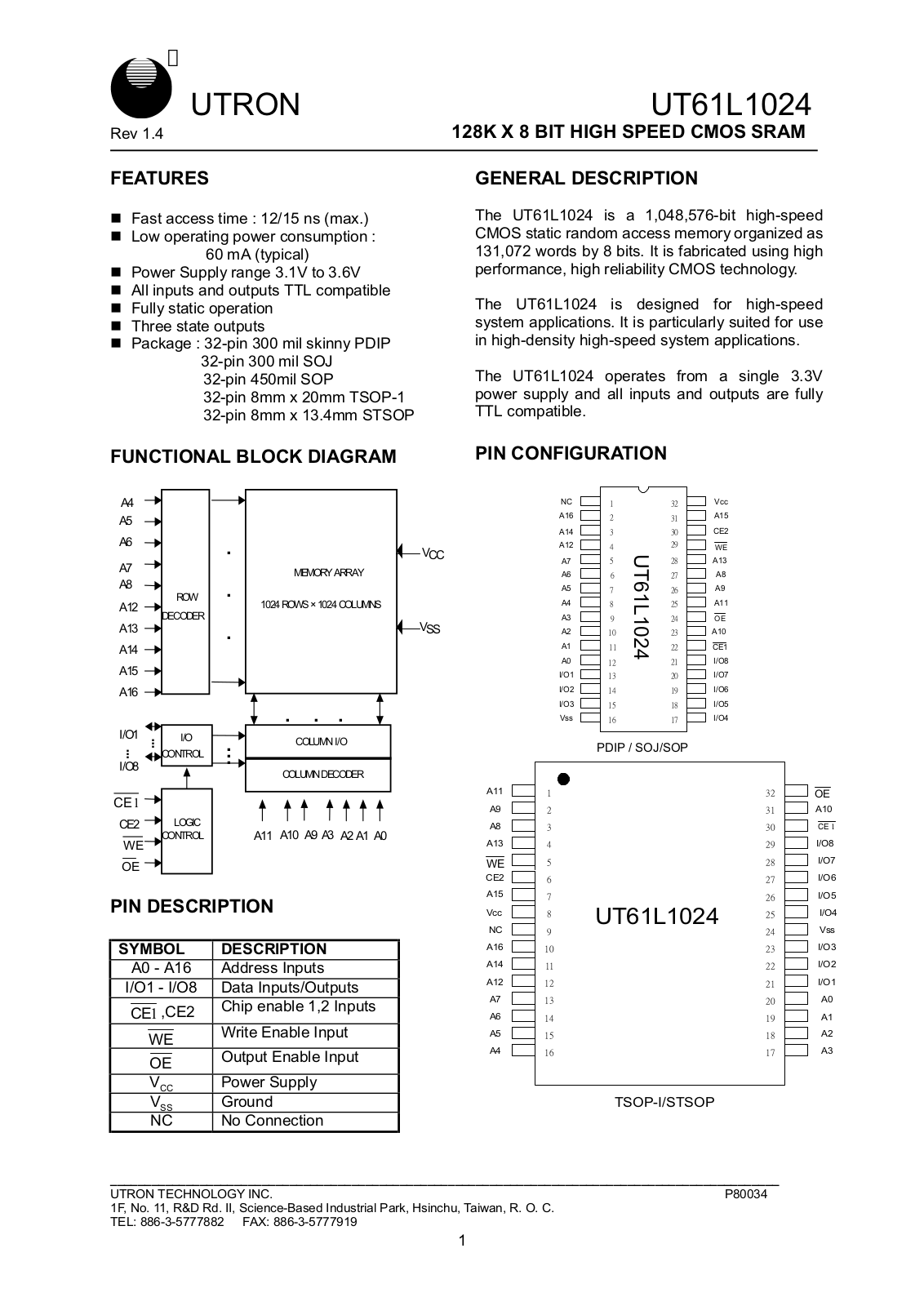 UTRON UT61L1024SC-12, UT61L1024LS-15, UT61L1024LS-12, UT61L1024LC-15, UT61L1024LC-12 Datasheet