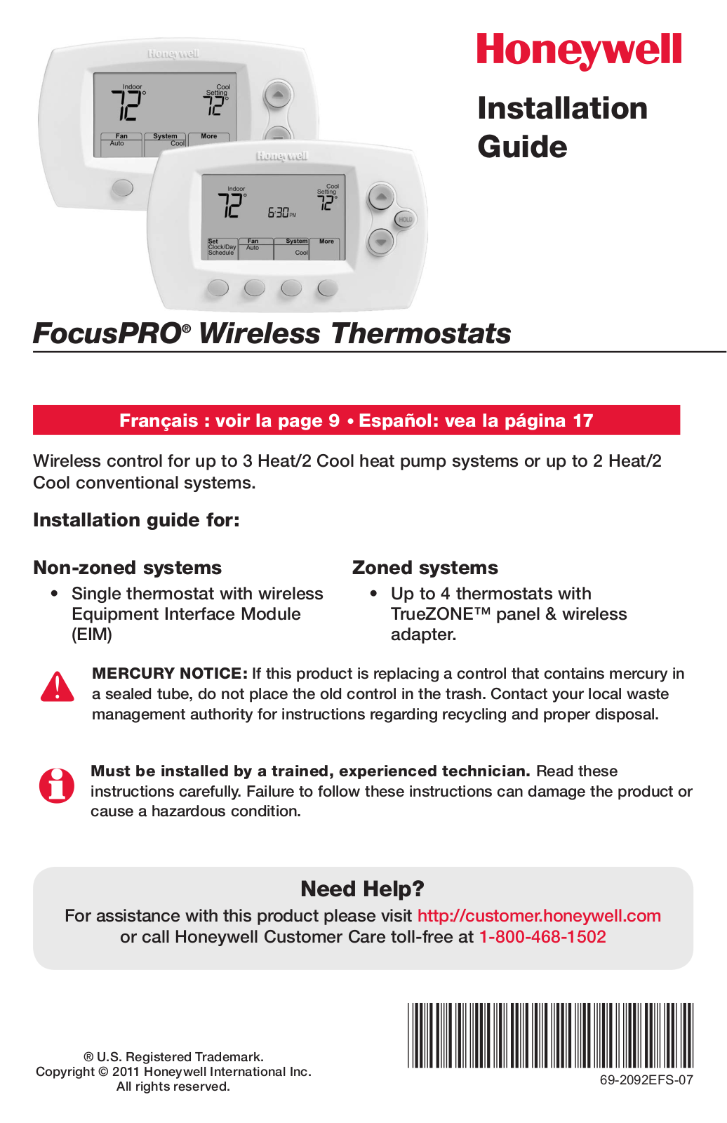 Honeywell 69-2092EFS-07 User Manual