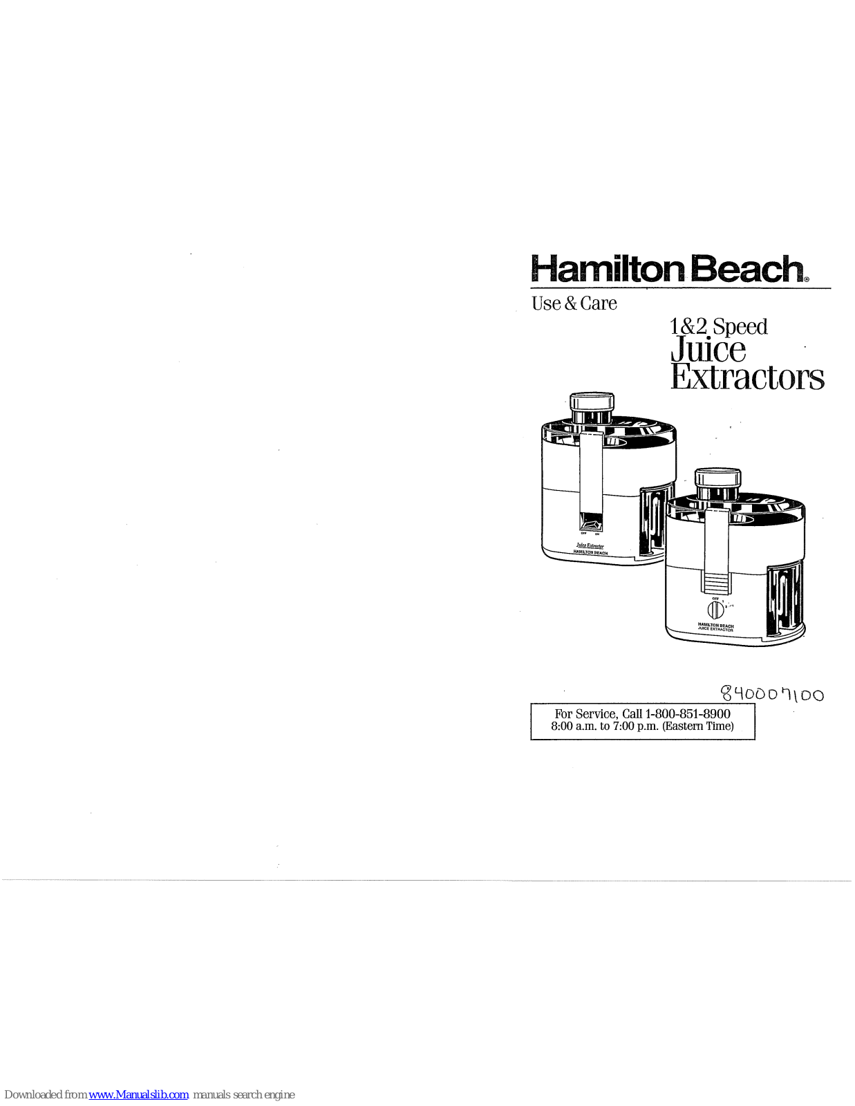 Hamilton Beach 67100 Use & Care Manual