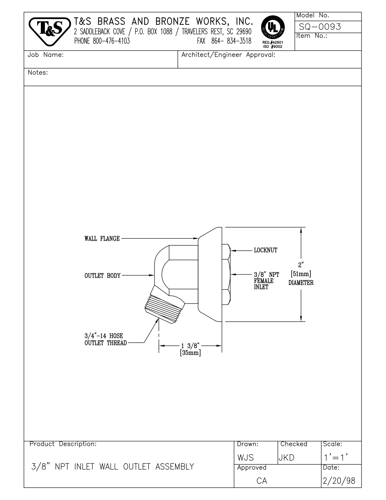 T&S Brass SQ-0093 User Manual