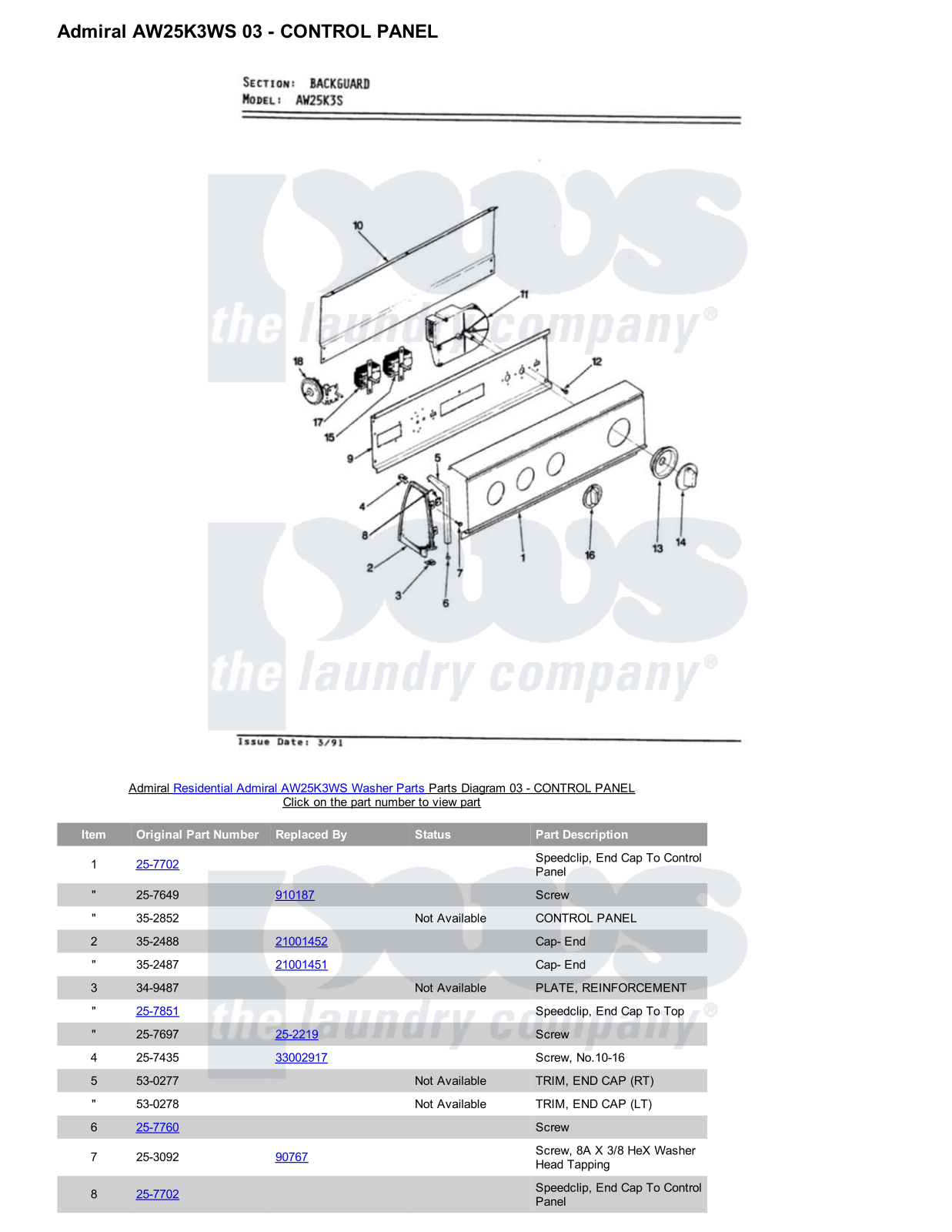 Admiral AW25K3WS Parts Diagram