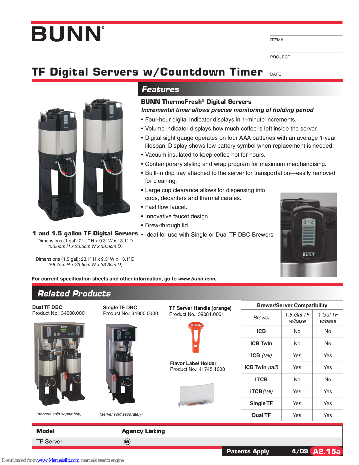 Bunn TF Digital Servers w/Countdown Timer TF Server, TF Server Specification Sheet