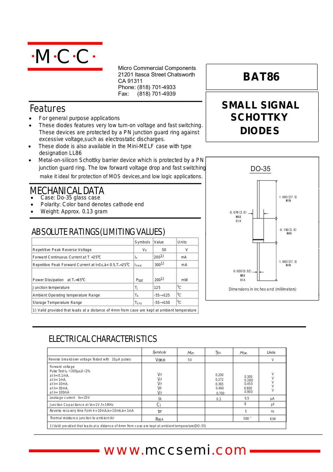 MCC BAT86 Datasheet