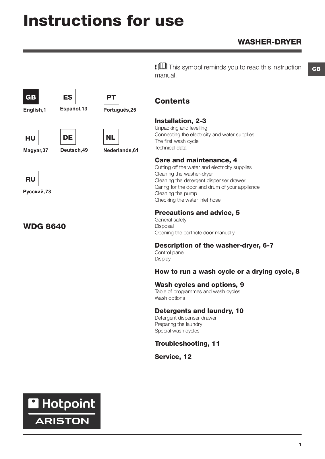 HOTPOINT/ARISTON WDG 8640B EU User Manual