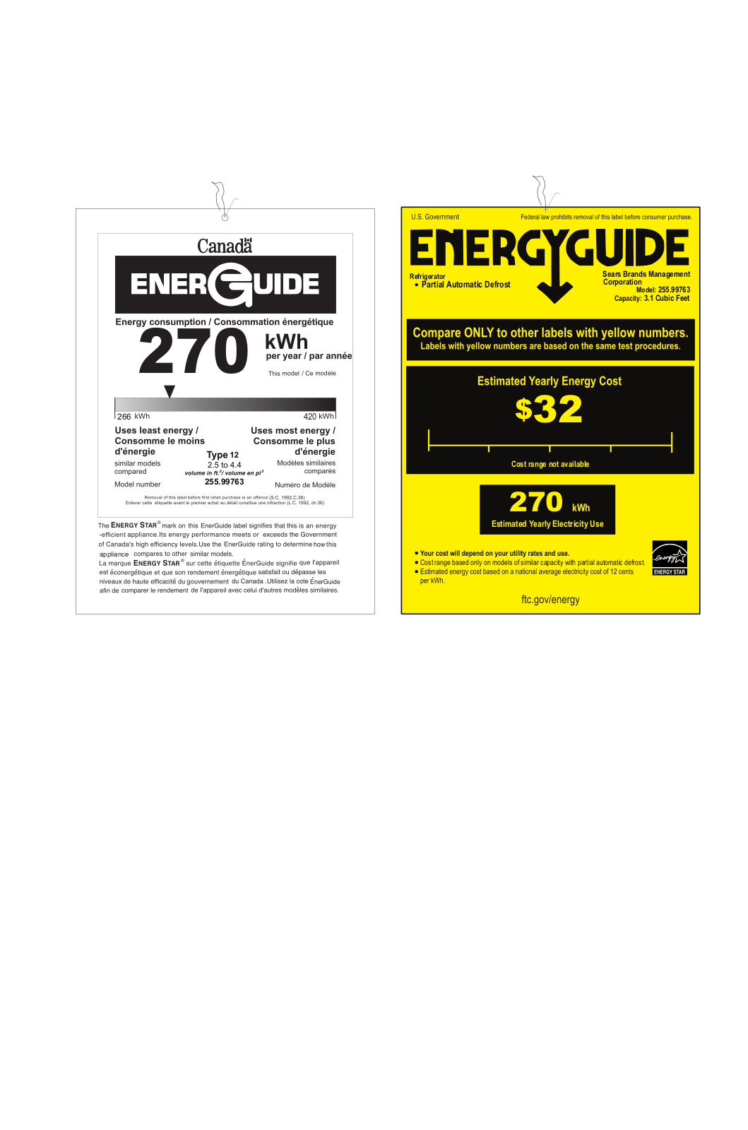 Kenmore 3.1 cu. ft. Compact Refrigerator Energy Guide