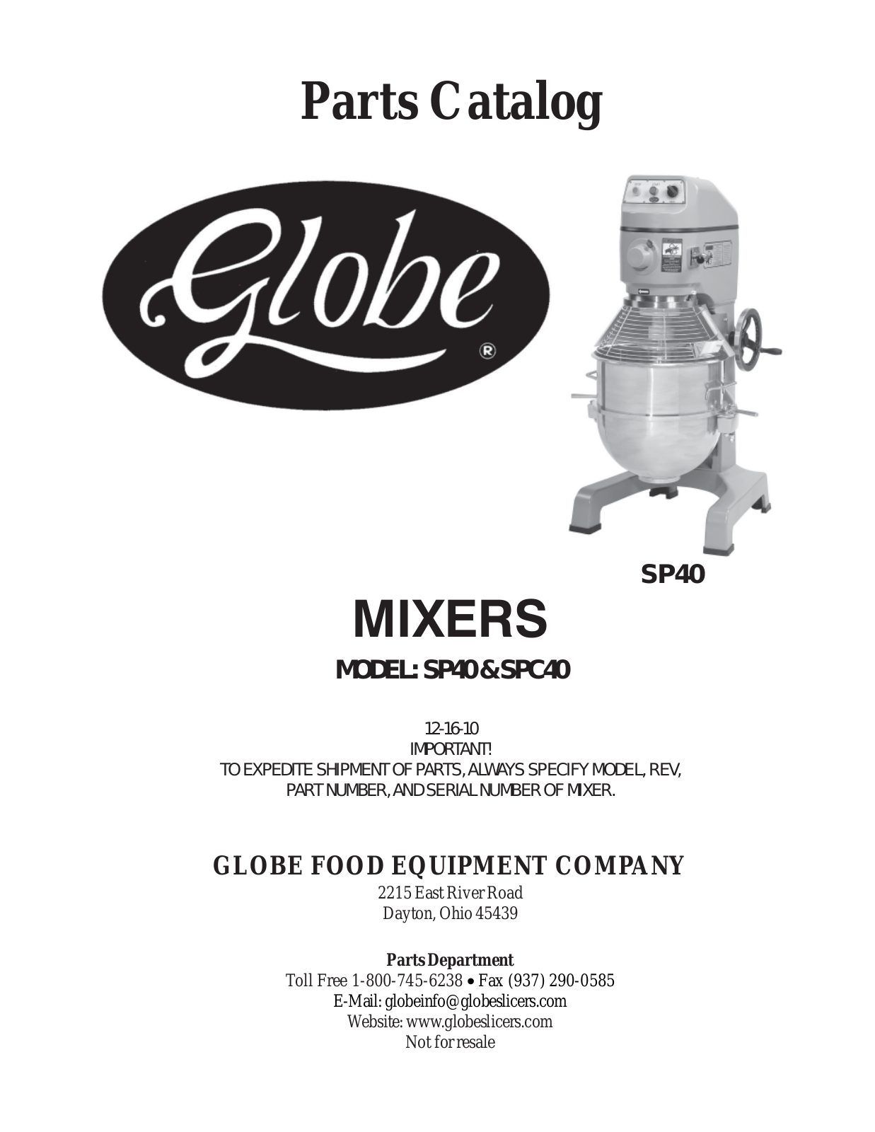 Globe Food Equipment SP40 Part Manual