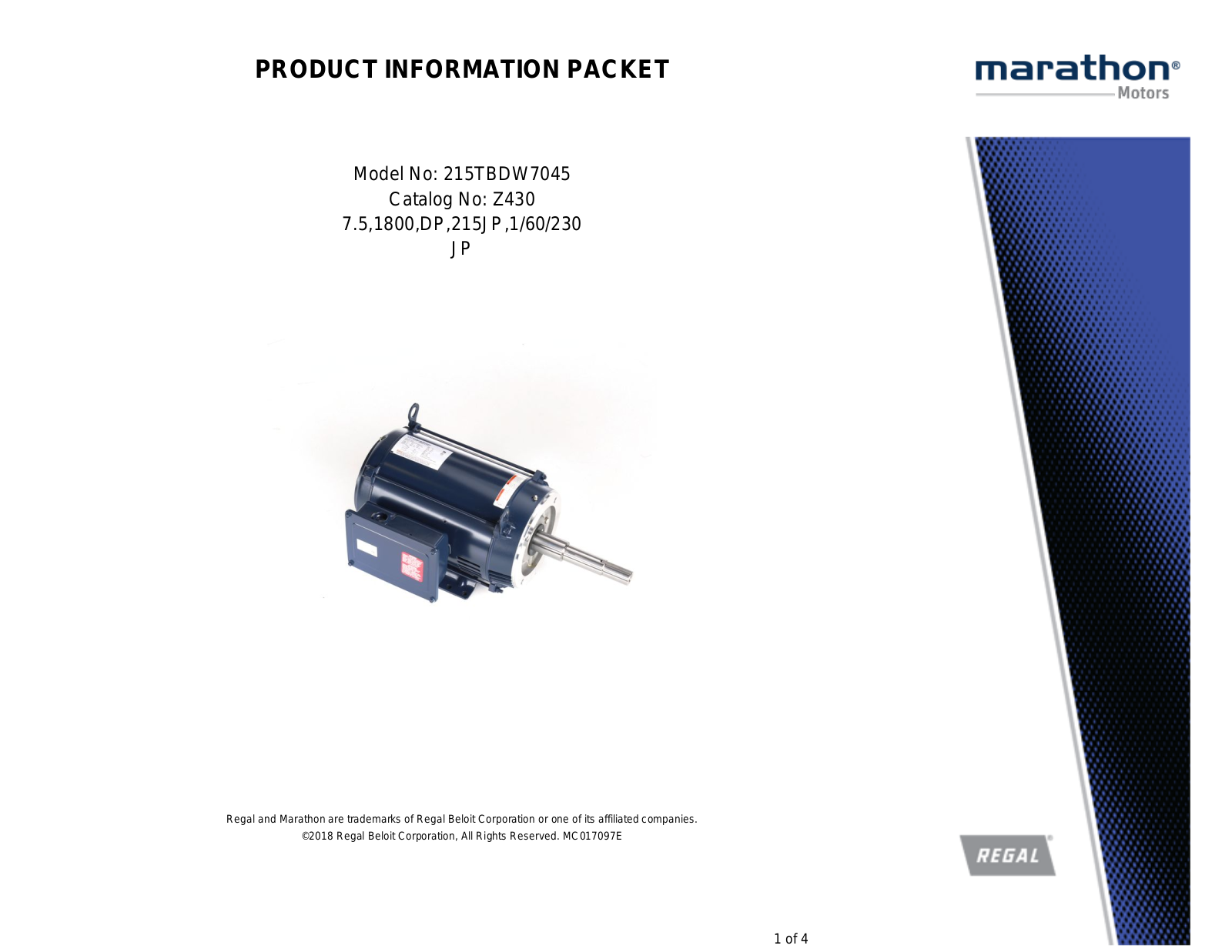 Marathon Electric 215TBDW7045 Product Information Packet