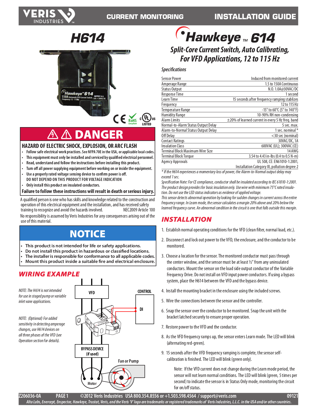 Veris H614 Installation Instructions