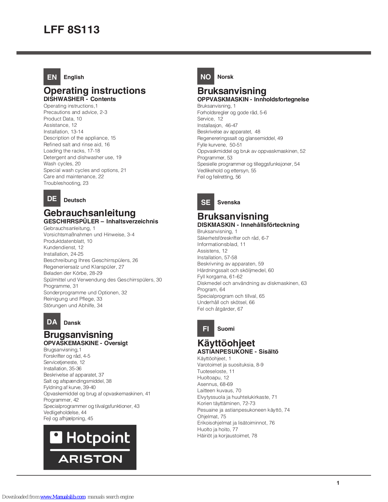 Hotpoint Ariston LFF 8S113 Operating Instructions Manual