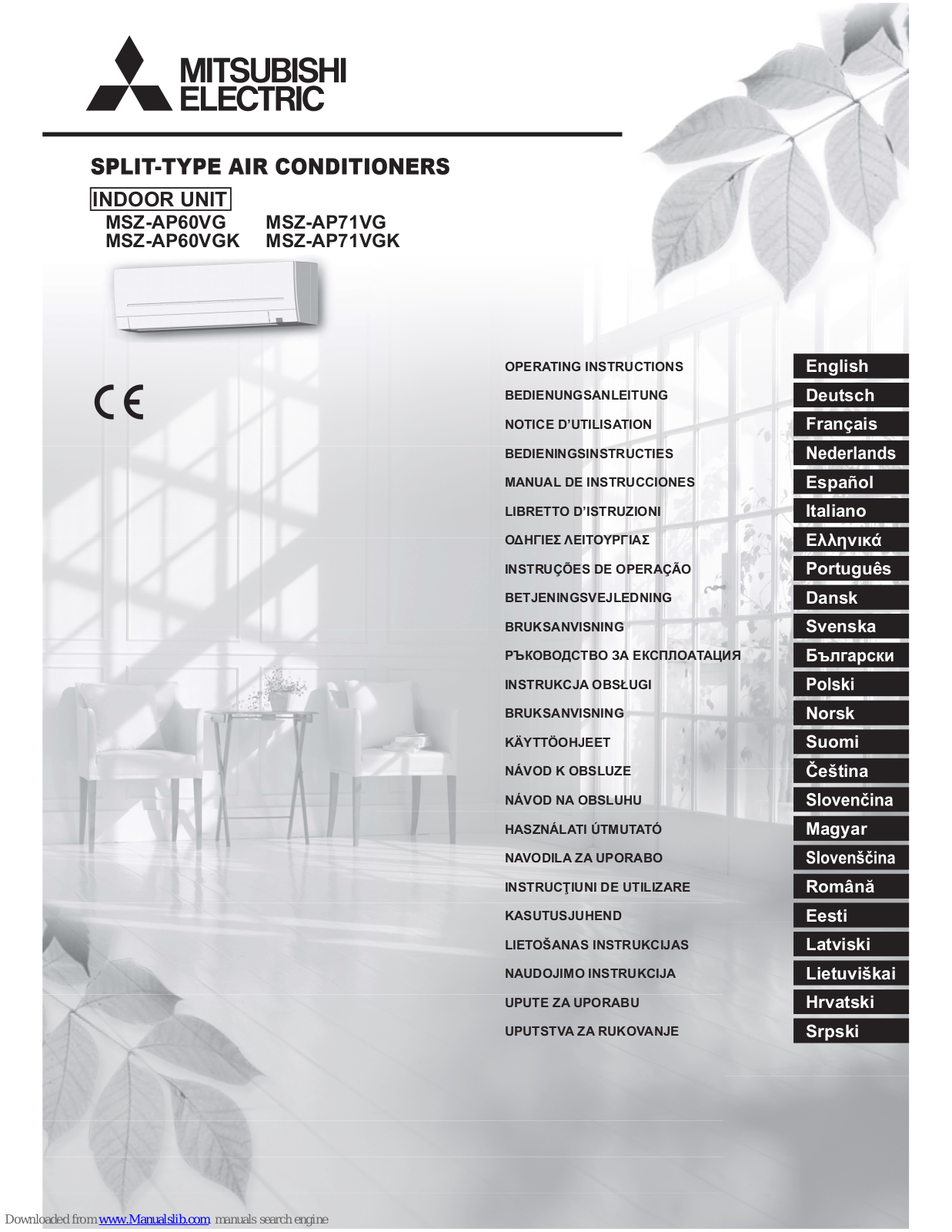 Mitsubishi Electric MSZ-AP60VG, MSZ-AP71VG, MSZ-AP60VGK, MUZ-AP71VG, MSZ-AP71VGK Operating Instructions Manual