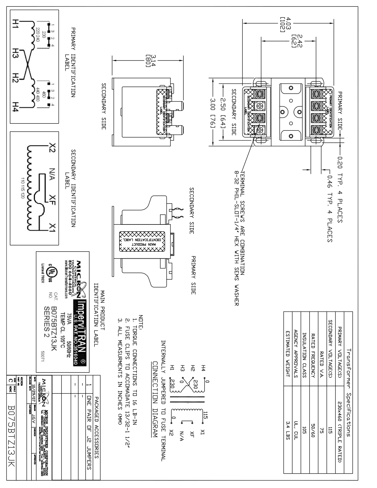 Micron Industries B075BTZ13JK Specification Sheet