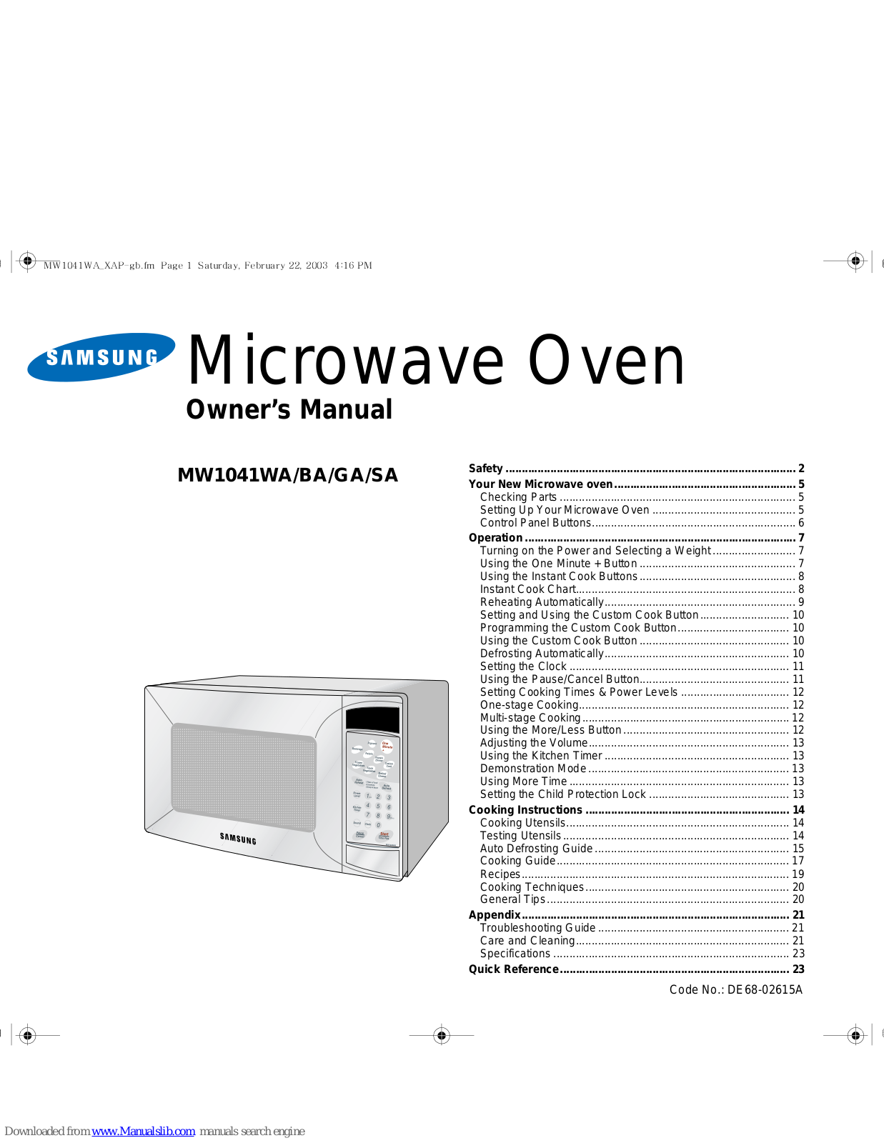 Samsung MW1041BA, MW1041GA, MW1041SA Owner's Manual