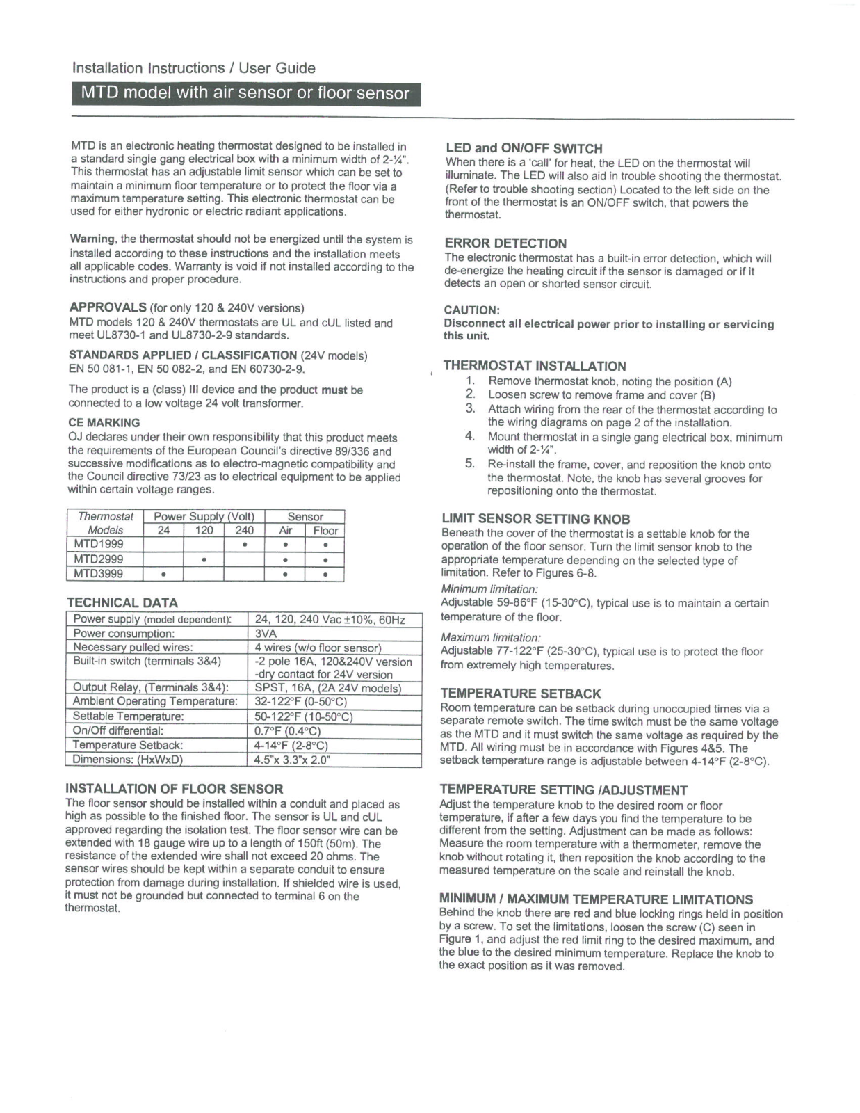 Danfoss MTD1999, MTD2999, MTD3999 Installation guide