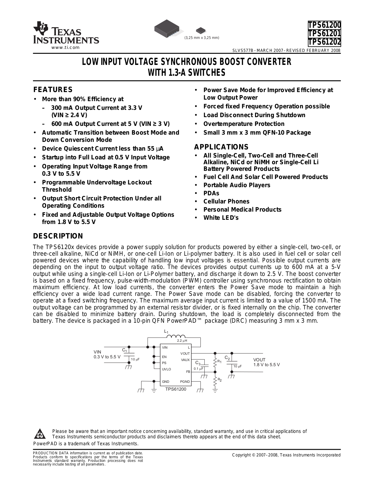 TEXAS INSTRUMENTS TPS61200, TPS61201, TPS61202 Technical data