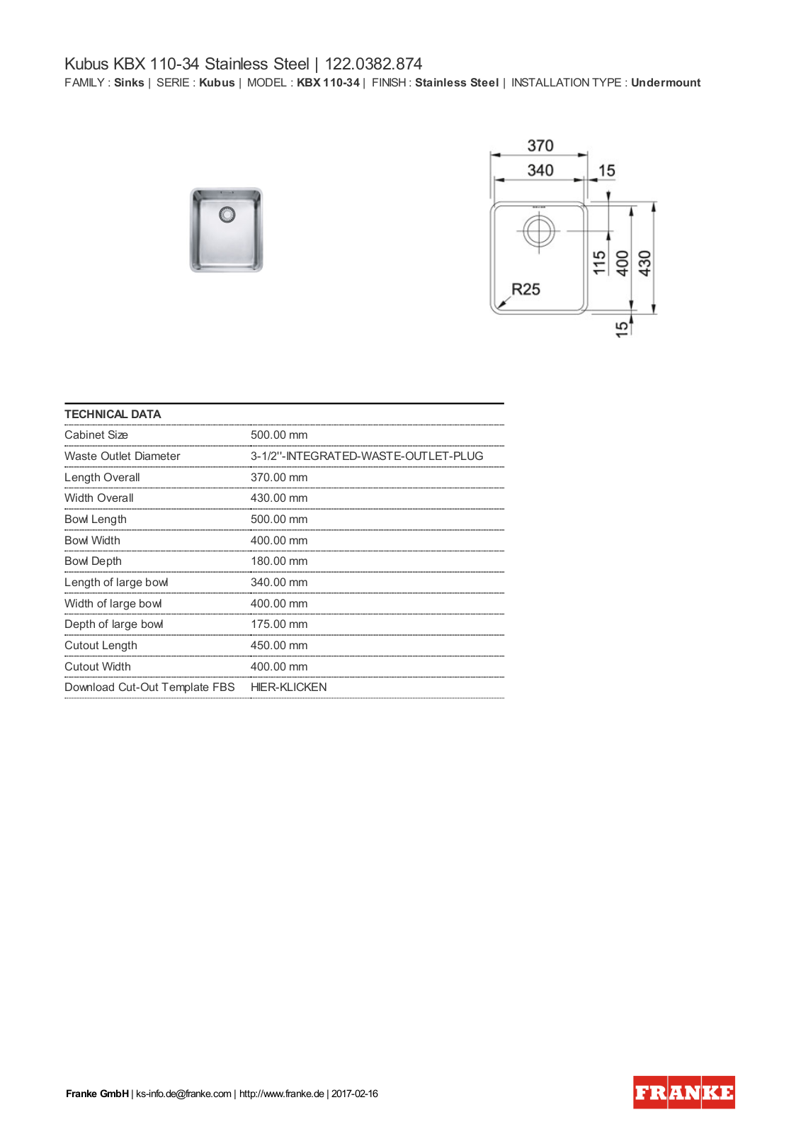 Franke 122.0382.874 Service Manual