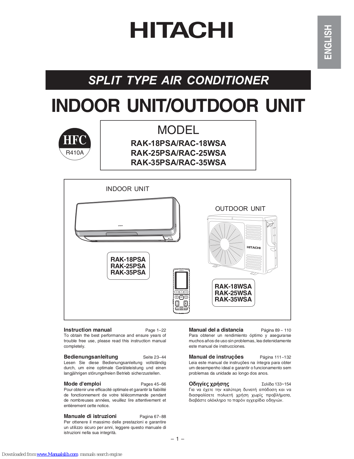 Hitachi RAK-18PSA, RAK-25PSA, RAC-35WSA, RAC-18WSA, RAK-35PSA Instruction Manual